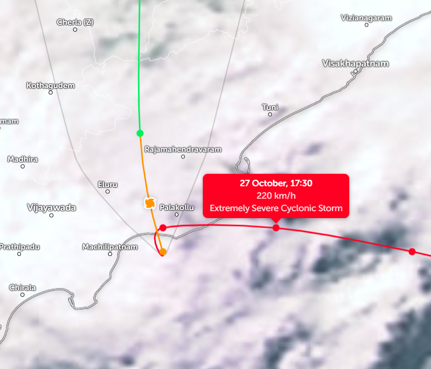 praneethweather's tweet photo. We got this cyclone to the perfect accuracy in terms of track and also in terms of intensity measurement. The Cyclone had stalled for nearly 8 hours and is on the move now and the next probable track will be along Tadepalligudem - Rajahmundry - Maredumilli - Chinthapalle (ASR). https://t.co/msc2aneLaT