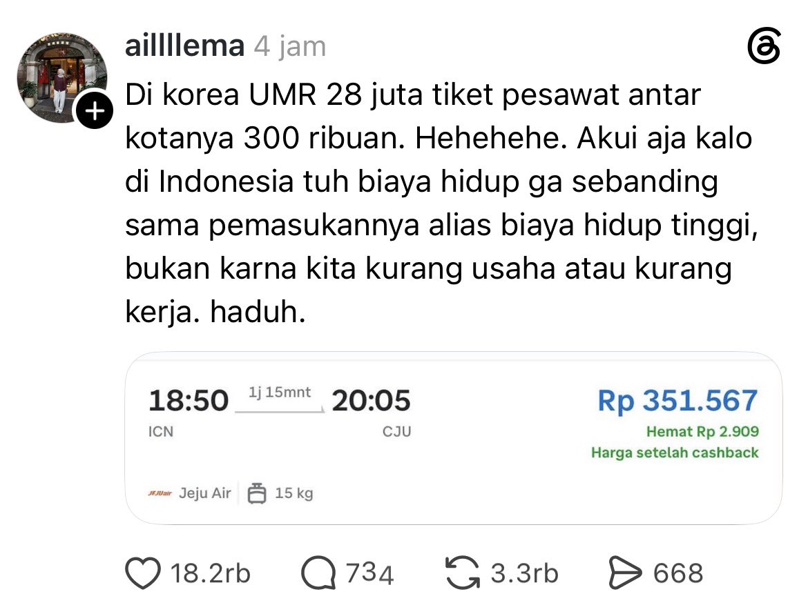 gemistale's tweet photo. umr 28 juta tiket pesawat 300rb,
eh umr 4 jt harga tiket 1jt 300 😆

SENENG banget ya jadi wni, apa-apa mahal. pasti supaya kita terbiasa kerja keras ya.. 🩷 https://t.co/MhifITu5LI