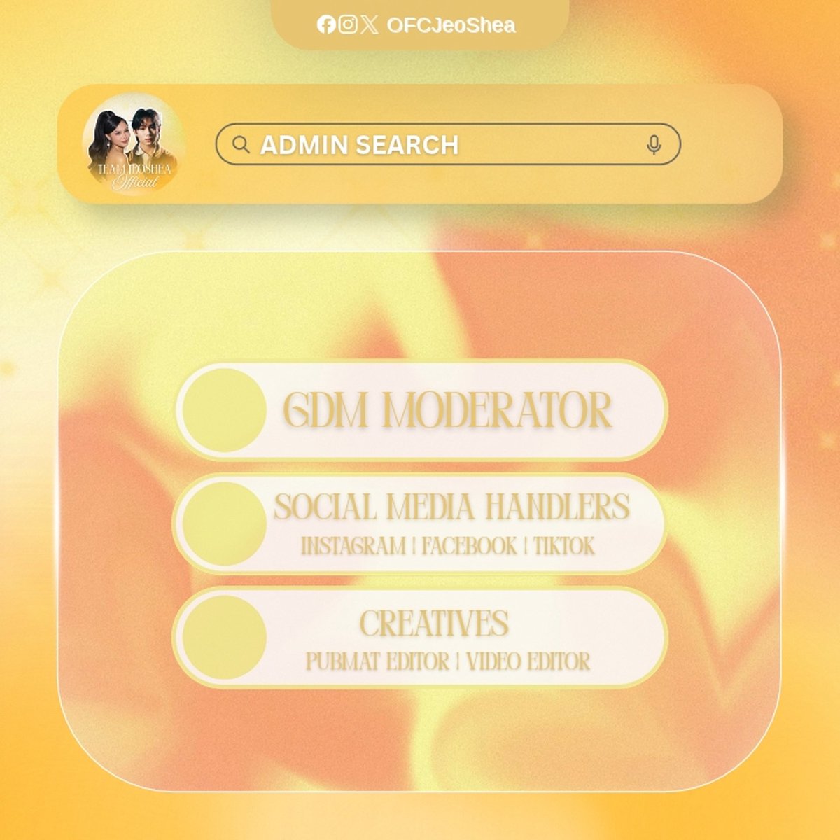 OFCJeoShea's tweet photo. 𝐀𝐃𝐌𝐈𝐍 𝐒𝐄𝐀𝐑𝐂𝐇 🔍 

JEOSHEA OFFICIAL  is officially opening doors for new admins and core team members. We are looking for passionate individuals to help us run things behind the scene. Whether you are an editor, streamer, or a social media handler—we need 𝐘𝐎𝐔 on our team. 

📧 Send us a message today to apply. Let’s make wonDEERful things together! 🦌💛

#JeoShea | #JeoOng #SheaValerio