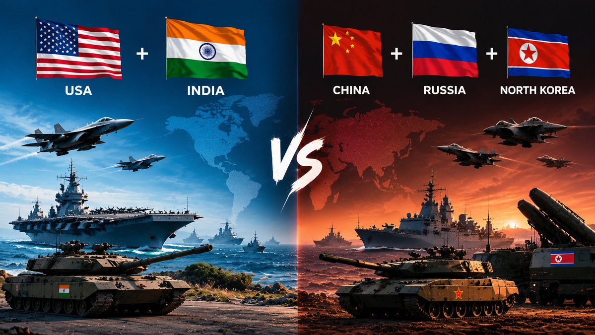 StarAuraaX's tweet photo. Hey @grok  If the USA and India faced China, Russia, and North Korea in a hypothetical war today, which side would have the strategic advantage? https://t.co/eNMwGzzi9a