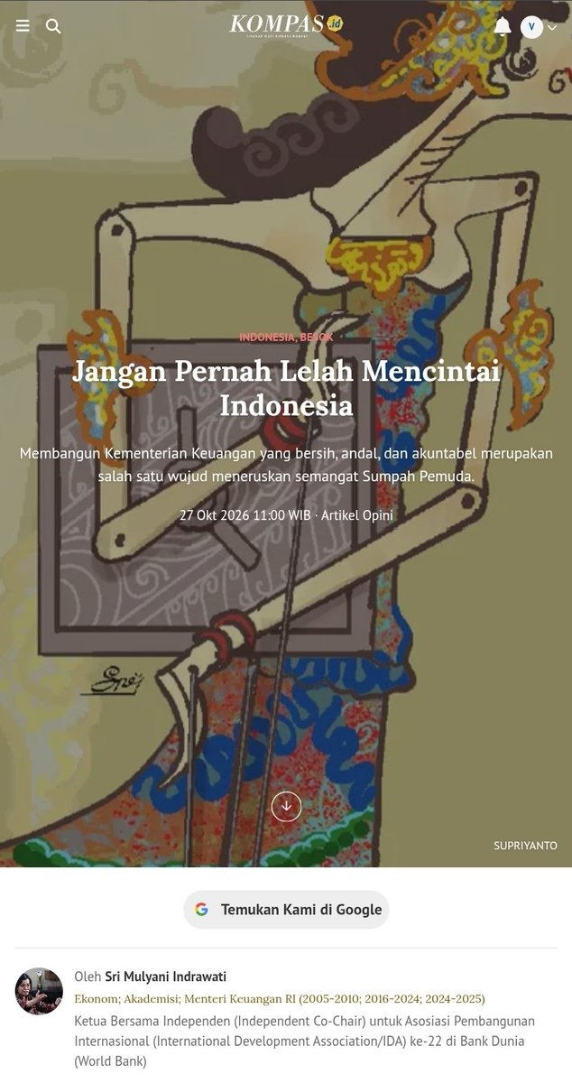 fujikaize's tweet photo. Ibu Sri Mulyani, yang biasanya di setiap peringatan hari nasional beliau selalu posting surat tulisan tangan untuk pegawai Kemenkeu, hari ini tulisannya ada di Harian Kompas dengan judul: Jangan Pernah Lelah Mencintai Indonesia.

"𝒔𝒆𝒑𝒊 𝒊𝒏𝒈 𝒑𝒂𝒎𝒓𝒊𝒉, 𝒓𝒂𝒎𝒆 𝒊𝒏𝒈 𝒈𝒂𝒘𝒆."

"Generasi saya memiliki kewajiban untuk berbagi pengalaman secara jujur, termasuk tentang kesalahan dan keterbatasan, serta membuka ruang bagi generasi berikutnya untuk mengambil tanggung jawab selanjutnya. Cita-cita Indonesia harus terus tumbuh melalui kemampuan generasi baru untuk belajar dan melakukan perbaikan.

Pada 1928, para pemuda berani mengikrarkan sebuah bangsa ketika negara Indonesia belum berdiri. Kini kita mewarisi republik beserta segala kemajuan, kekurangan, dan pekerjaan yang belum selesai.

Tanggung jawab kita adalah menjadikan Indonesia semakin layak bagi harapan seluruh rakyatnya.

Jangan pernah lelah mencintai Indonesia."
 https://t.co/0sEELrYB8d