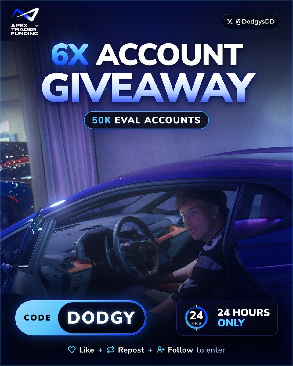 DodgysDD's tweet photo. 🚨 GIVEAWAY ALERT 🚨

6 x @ApexTradeFund 50K Eval accounts 💙🔥

To enter 👇
❤️ Like · 🔁 Repost · ➕ Follow
👥 Tag 2 friends

⏰ 6 winners in 24h · codes by DM

Use code DODGY 💰
90% off Legacy + BOGO free 2nd
Ends Thu Oct 29 noon ET https://t.co/CQrNYoEsD9