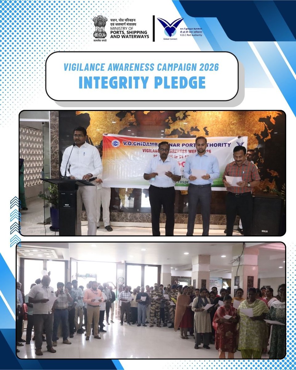 vocpa_tuticorin's tweet photo. Reaffirming Our Commitment to Integrity and Ethical Governance

As part of the Vigilance Awareness Campaign 2026, V.O. Chidambaranar Port Authority, Tuticorin organised an Integrity Pledge ceremony, with participation from port employees, various departments and port users. 

The pledge was administered by Chief Vigilance Officer Shri P. Kavin Maharaj, IOFS, and collectively reaffirmed by the participants, underscoring their commitment to integrity, transparency, accountability and ethical conduct in public service.

@PMOIndia
@sarbanandsonwal
@Shantanu_bjp
@shipmin_india
@susanta35

#VigilanceAwarenessCampaign2026 
#ProbityForProsperity 
#VOCPort 
#Integrity 
#Transparency