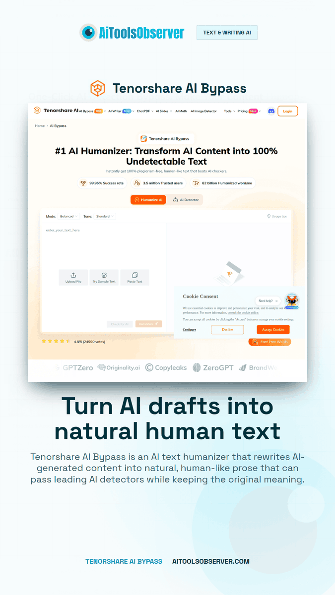 AiToolsObserver's tweet photo. Tenorshare AI Bypass: Turn AI drafts into natural human text

 Tenorshare AI Bypass rewrites AI-generated text into natural, human-like content that can pass major AI detectors while preserving your original...

Learn more about Tenorshare AI Bypass:

 https://t.co/nY2WfmUAQa https://t.co/92JM61ATJc