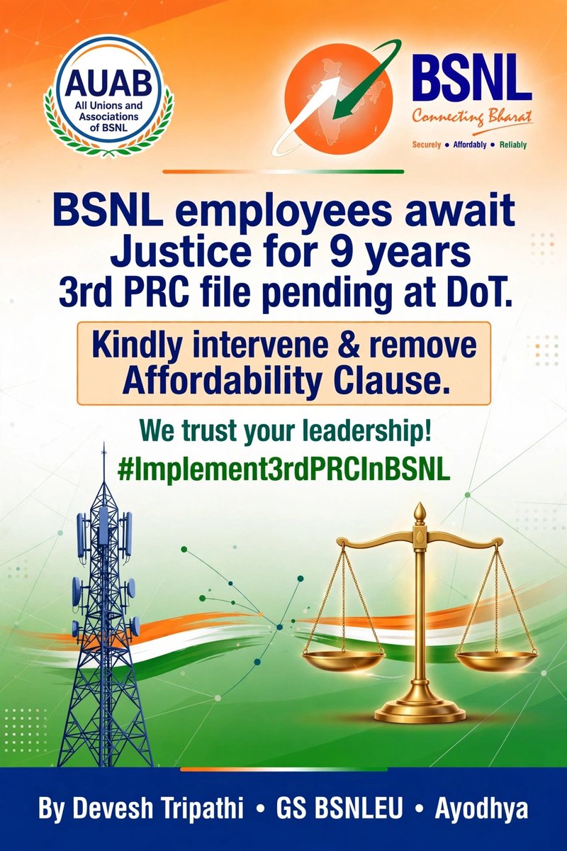 devesh_Ayodhya's tweet photo. Hon'ble @JM_Scindia ji &amp; @DoT_India, BSNL employees await Justice for 9 years. 3rd PRC file pending at DoT. Kindly intervene &amp; remove Affordability Clause. We trust your leadership! #Implement3rdPRCInBSNL
#BSNL https://t.co/XzFSuQDE0y