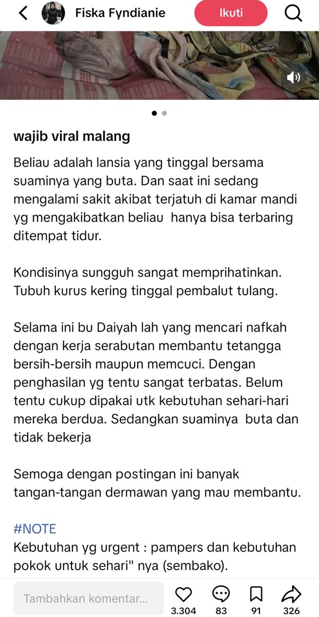 Susumurniadhja's tweet photo. Temen-temen minta tolong bantu share ya, biar neneknya makin banyak yg bantu🥹

Sebelumnya si nenek lah yg kerja serabutan, sedangkan suaminya mengalami kebutaan dan tidak bekerja. Tapi skrng neneknya sakit, jatuh dari kamar mandi dan hanya bisa berbaring.

Bisa kontak di tiktok @fiskafyndianie untuk lebih lengkap sekiranya ada temen2 yang berkenan membantu ya🫶🥹

Terimakasih❤️