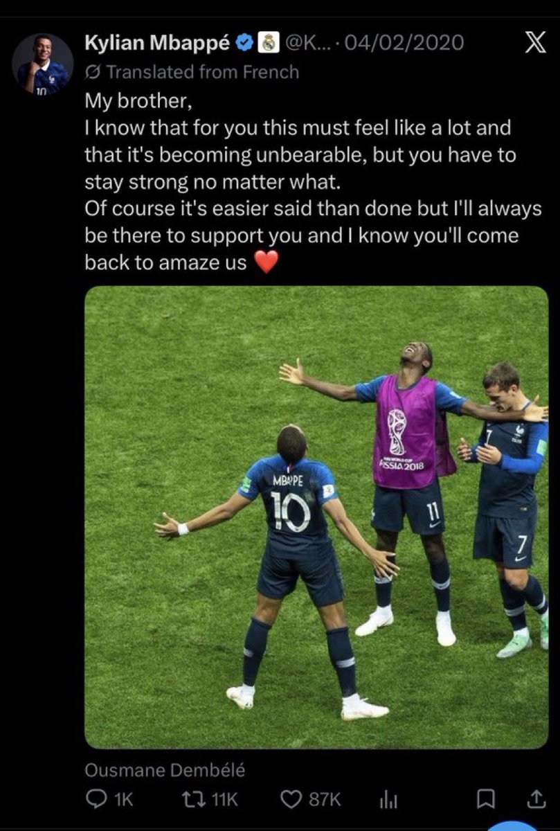 kykbondy's tweet photo. Mbappé t'a défendu pendant le jour le plus sombre de ta carrière, mais tu as décidé de retourner ta veste parce qu'il a dit qu'il était l'élu https://t.co/s772pAAMVK