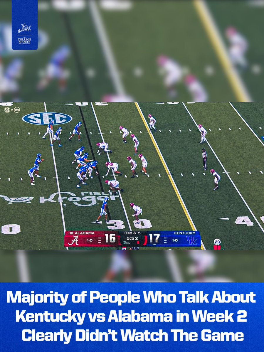 BlueChipsBBN's tweet photo. Kentucky led Alabama with 5 mins to go in the 3rd Quarter

Nobody brings that up when talking about that game

Kentucky is 2 bad drives in a row from being the consensus #1 team in the Country

Strip Sack & Stuffed Fake Punt on Back to Back Possessions inside own 20 is how that game got out of reach

A new team in their first juggernaut matchup 2nd game of the year and just 2 drives is what unraveled a dub

That’s not who this team is now

Only team in the SEC who hasn’t lost since Week 2

Keeping it that way all of November

Tennessee, you’re next ✌️
