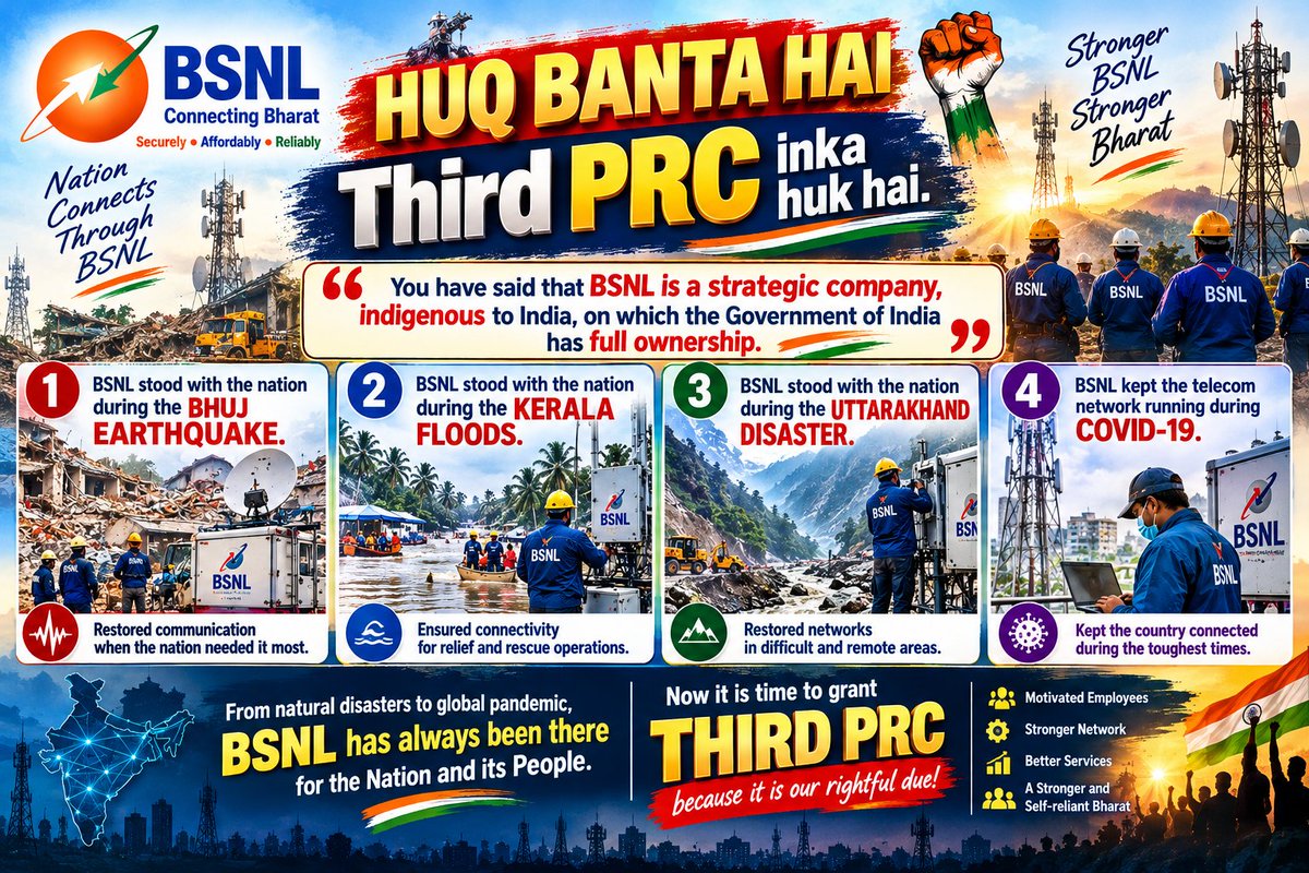 anuragrewa's tweet photo. You said BSNL is strategic, indigenous company, wholly owned by the GOI. BSNL  stood  in every crisis. Now it'S time to grant the Third PRC  becz it is our rightful due!
Kindly #Remove_Affordability_Clause a
@PemmasaniOnX @JM_Scindia @DoT_India @narendramodi @cmdbsnl @PMOIndia https://t.co/cdyln5YLGk
