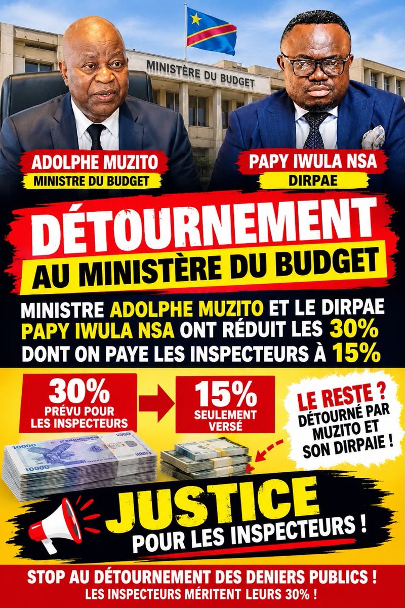 JoyMaroine's tweet photo. @VTshilonda78904 @Presidence_RDC @MuzitoAdolphe Détournement de la prime de motivation et fonction par le vpm du budget et son directeur de paie https://t.co/NjfpvBwfmT