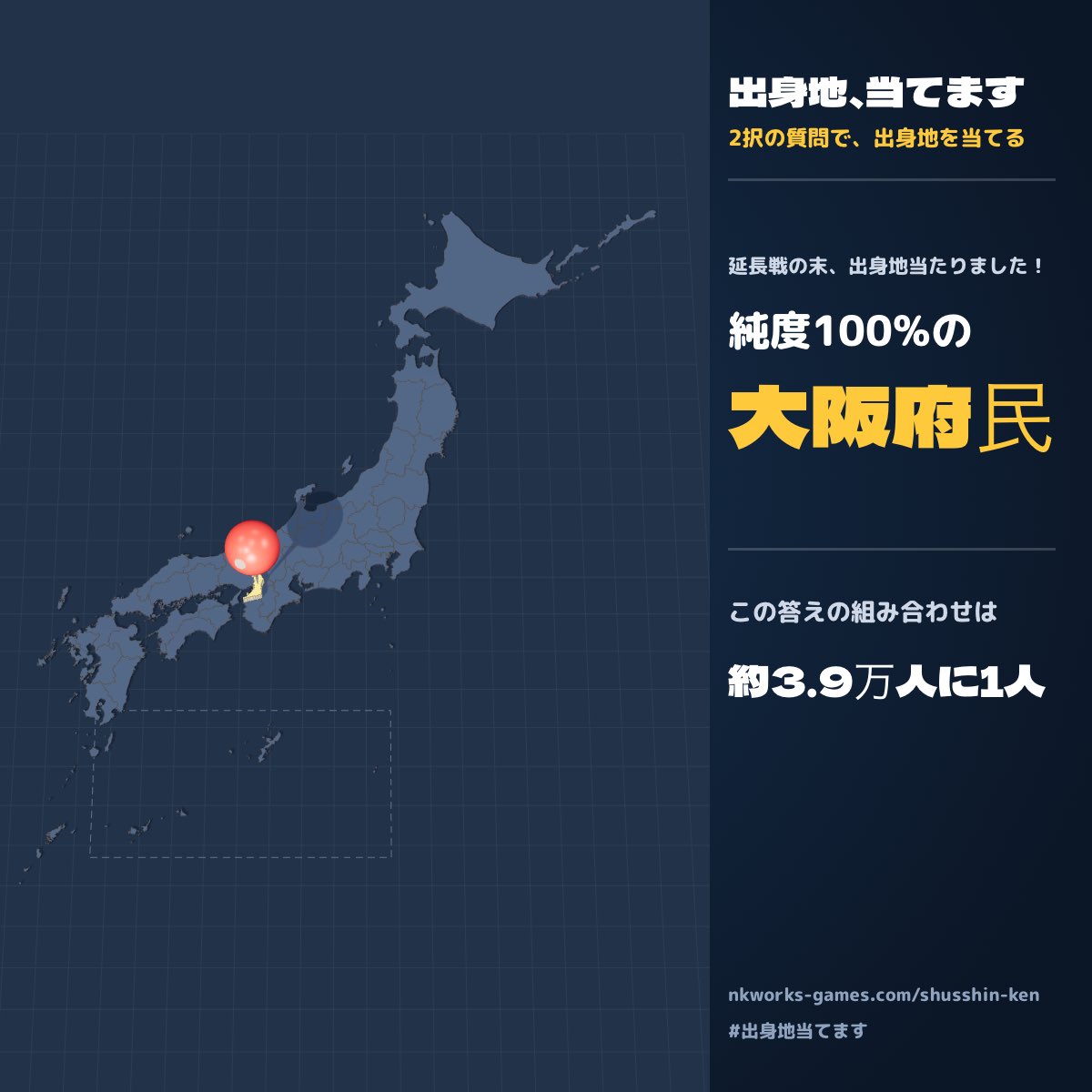 show0721491's tweet photo. 2択34問（延長戦あり）で出身地を当てられた…！ 純度100%の大阪府民でした。この答えの組み合わせは約3.9万人に1人 #出身地当てます https://t.co/djQqPD8iwl https://t.co/Gh1lLAcD48