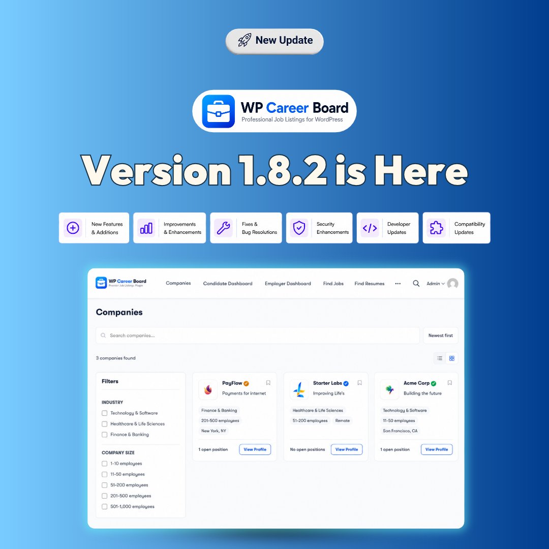 wbcomdesigns's tweet photo. WP Career Board v1.8.2 is live.
Trash &amp; restore management, taxonomy ordering, multilingual emails, dynamic custom fields, and stability fixes.

https://t.co/SFsEVmfNwv

#WPCareerBoard #WordPress #JobBoard #WbcomDesigns https://t.co/3bkop0ug0s