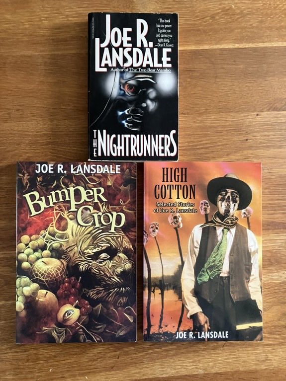 MattPayne1973's tweet photo. BOTD in 1951 - #joelansdale #joerlansdale Joe Lansdale - US author of horror, sci-fi, thrillers, westerns - just about anything! Gritty, violent, dark-humoured, gonzo-humoured…all moods catered for too. So far I’ve read these three, plus The Thicket. Seriously need to get more. https://t.co/X9WD6GLM4i