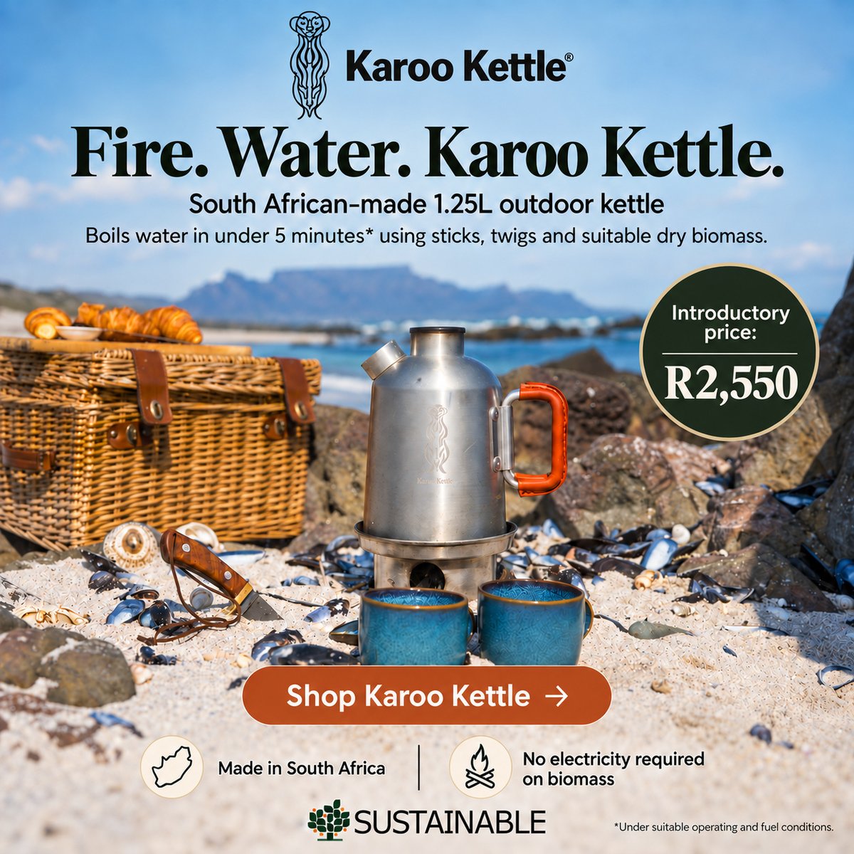 Sustainablecoza's tweet photo. Fire. Water. Karoo Kettle. 🔥🇿🇦
SA-made 1.25L outdoor kettle. Boils water in under 5 min* using sticks, twigs & dry biomass.
Intro price: R2,550 incl. VAT.
https://t.co/Og7ehckNyf
*Suitable operating/fuel conditions.
#KarooKettle #MadeInSouthAfrica #OffGrid https://t.co/zhD3FC9L8Y
