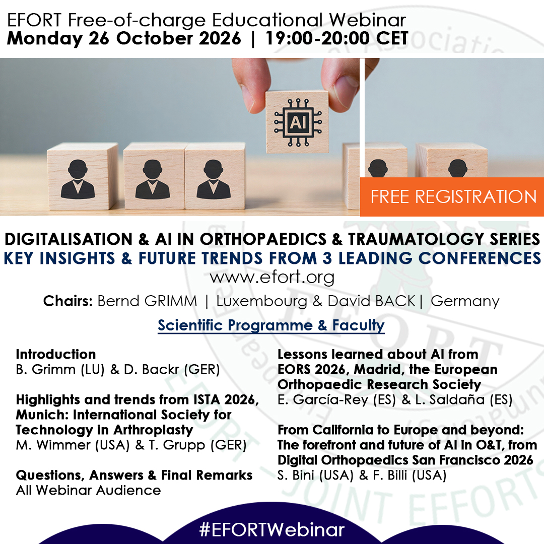 EFORTnet's tweet photo. Thank you to all attendees & our expert faculty for joining today's #EFORTwebinar on Digitalisation & #AI in #Orthopaedics.
Stay tuned for future sessions: https://t.co/Zflayf3yOz
#EFORT #DigitalHealth #ArtificialIntelligence https://t.co/SXGDd8SGra