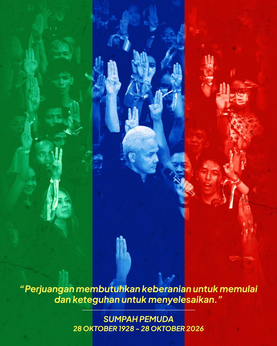 ganjarpranowo's tweet photo. Sumpah Pemuda bukan sekadar ikrar persatuan, tetapi janji untuk memperjuangkan Indonesia yang adil dan menyejahterakan rakyatnya. Ketika hutan terbakar, ekonomi menekan rakyat, dan kebijakan belum menjawab harapan, kita tak boleh diam. 

Mencintai Indonesia berarti berani bersuara, melawan ketidakadilan, dan mengawal perubahan. Berani memulai, teguh memperjuangkan, pantang menyerah untuk Indonesia! Selamat Hari Sumpah Pemuda, 28 Oktober 2026. 🇮🇩