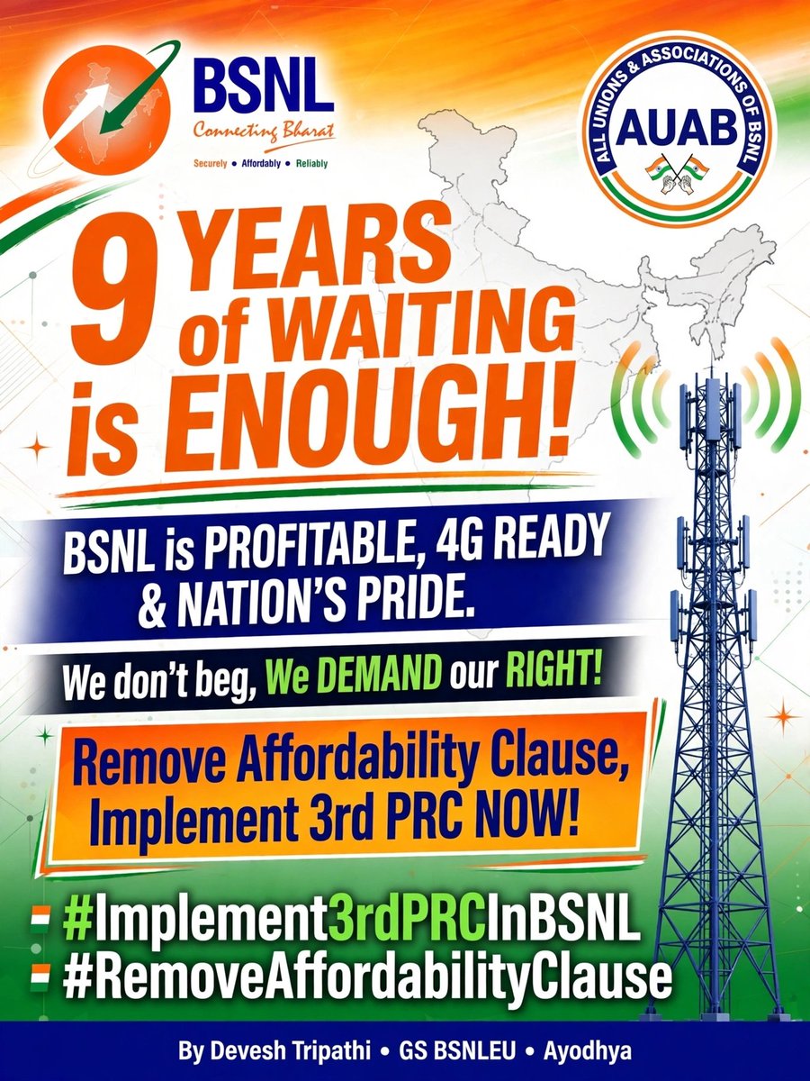 devesh_Ayodhya's tweet photo. 9 YEARS of WAITING is ENOUGH!
BSNL is PROFITABLE, 4G READY &amp; NATION'S PRIDE.
We don't beg, We DEMAND our RIGHT!
Remove Affordability Clause, Implement 3rd PRC NOW!
@DoT_India @JM_Scindia @CMDBSNL
#Implement3rdPRCInBSNL #RemoveAffordabilityClause https://t.co/ELzpjWy8MZ
