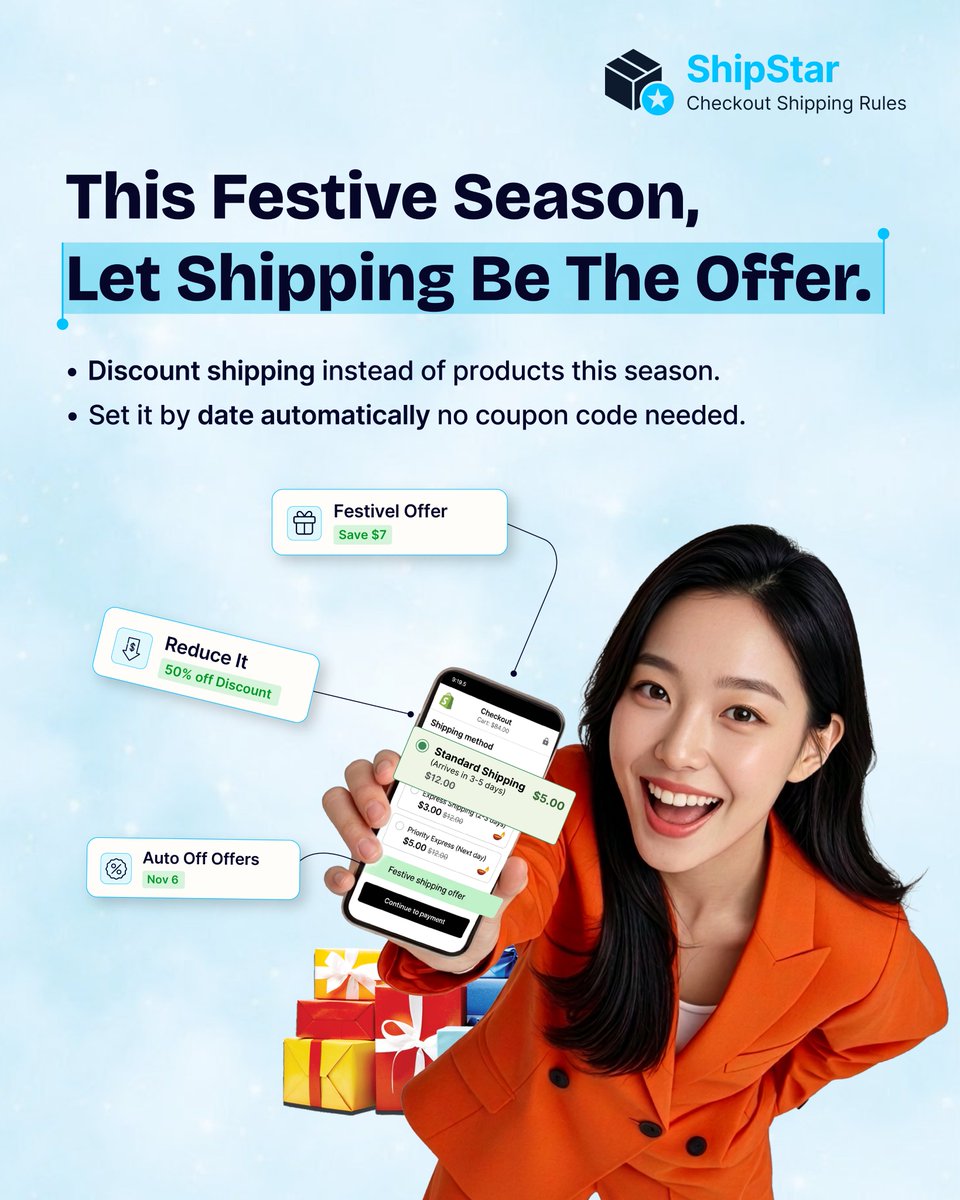 aappshopxgmail's tweet photo. This festive season, let SHIPPING be the offer!
With ShipStar:
Date-based shipping discounts
Automatic offers
No coupon codes needed
Make checkout more attractive and give shoppers another reason to buy!
#ShipStar #Shipping #Checkout #ShippingRules #eCommerce https://t.co/A9e0ekcdFJ