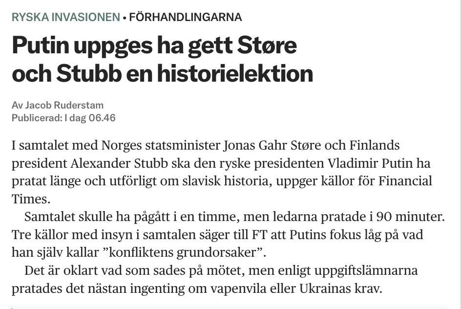 GStrand45's tweet photo. Jag tror dom behövde det.......

Från Rurik, via Bo Jonsson Grip. Sedan Oxenstierna till Wallenberg. sedan första revolutionsförsöket 1906 och den efterföljande 13de taxen när Lenin kom via Sverige med kostym och borgliga pengar på fickan. Lenin stannade på järnvägsstationen i hjörn. Till den "lyckade" revolutionen 1917 vidare via Nazi-Finska vinterkriget med Wallenbergs Mannerheim och Hitler. Stella Polaris, med Patton som sade att de bekämpat fel fiende. Men han slentriandog i Tyskland efter besöket på Hörningsholm....
Men "Wallenberg räddades mer av kalla kriget än sin förbättrade affärsmoral" sade Amerikanerna och där var ju CIA/OSS-Dulles central i det "räddandet" redan 1945.
Nejdå, jag missar inte Poltava eller andra Svensk-Ryska krig. Då blev Ukraina en "naturlig följd" liksom.
https://t.co/XWppwDPkQW
https://t.co/fGfvOGxqYs
https://t.co/RKioMpCqd7
https://t.co/DaQEa9GSk8

---------------

https://t.co/zk0fQr8Nxc
https://t.co/EtX8JVTOvS
https://t.co/R5nDJwp1hZ