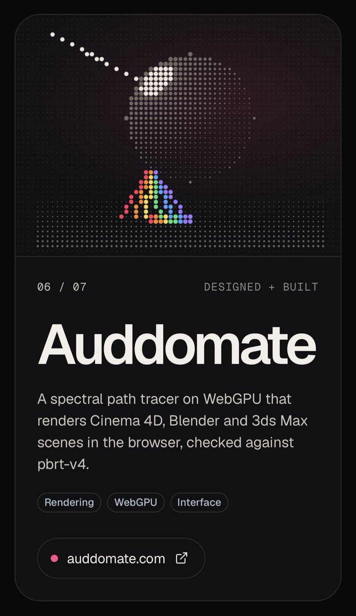 auddomate's tweet photo. Just shipped native plugins for your 3D program! So there’s that.

Auddomate Render / https://t.co/nI72k1AH6d

A spectral path tracer on WebGPU that renders Cinema 4D, Blender and 3ds Max scenes in the browser, checked against pbrt-v4.

#Rendering #WebGPU #Interface #3D https://t.co/9x9ChbxqQz