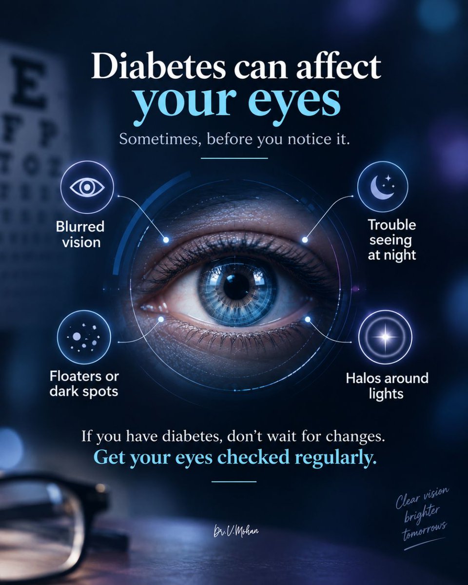 drmohanv's tweet photo. Your eyes may not always warn you when diabetes is affecting them. Early diabetic eye disease can develop without noticeable symptoms, which is why regular eye screening matters.

If you notice blurred vision, floaters, dark spots or difficulty seeing at night, please don’t ignore the change. And even if your vision feels perfectly fine, make regular eye check-ups part of your diabetes care.

Regular eye screening can help detect changes early and support timely treatment.

Get your eyes checked by an eye-care professional.
📞 Book your eye check-up: 96771 88 888

#Diabetes #DiabeticEyeDisease #DiabeticRetinopathy #EyeHealth #VisionCare #DiabetesManagement #EyeScreening #RetinaCare