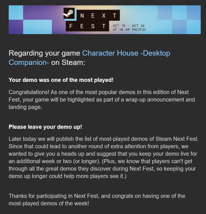 CharacterHouse1's tweet photo. Thanks to all of you, the Character House demo became one of the most played demos at this edition of Steam Next Fest!
We're truly grateful for every playthrough and every piece of feedback. None of this would have been possible without your support. ❤️
— The Character House Team https://t.co/oApnHMpm1Y