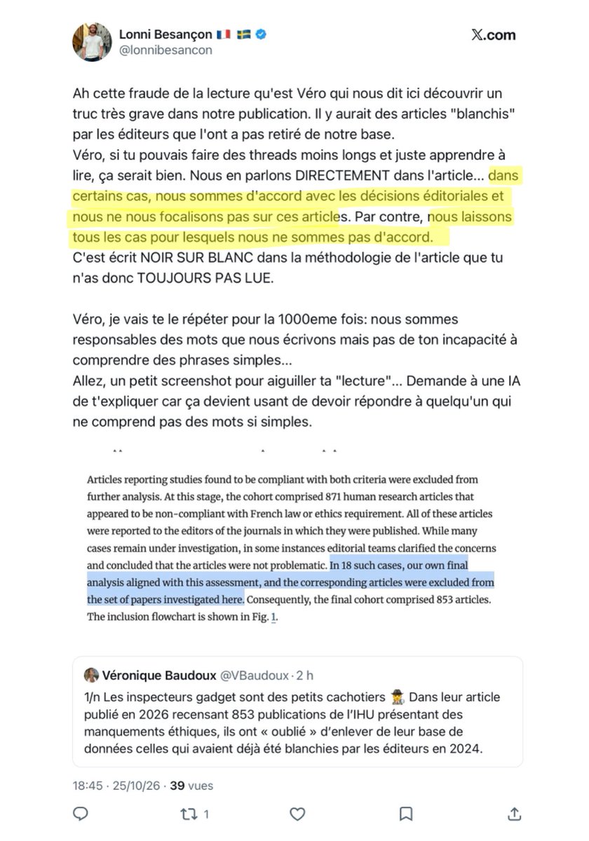 VBaudoux's tweet photo. 1/n Les Inspecteurs Gadget ont une conception très personnelle de la vérité. Ils expliquent avoir maintenu dans leur liste de « fraudes éthiques » des articles de l’IHU blanchis par les revues simplement parce qu’ils ne sont pas d’accord avec les décisions éditoriales. https://t.co/bgClbqQOdV