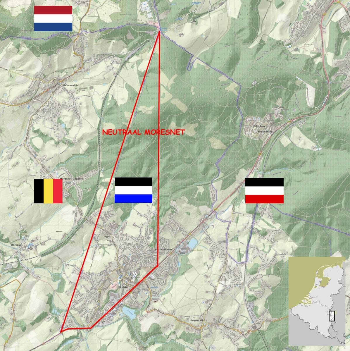 theiaincameron's tweet photo. For 104 years, a tiny triangle of Europe belonged to no country at all.

It had a mayor, a flag, briefly a casino, and in 1908 it very nearly became the world's first Esperanto-speaking state.

This was Neutral Moresnet, and it came about because of a hole in the ground.

1/n https://t.co/o38KRO52G2