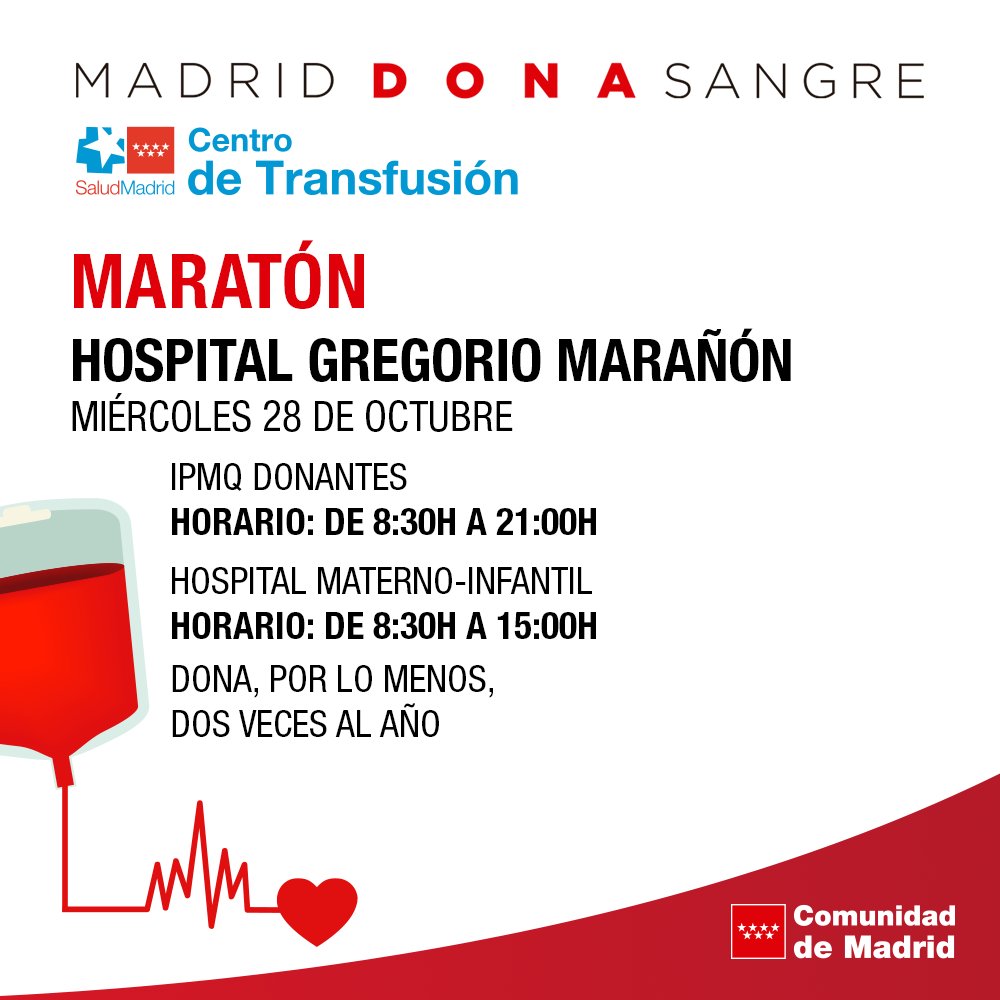 Madridonasangre's tweet photo. 👉 Maratón de #donarsangre en el Hospital Gregorio Marañón.

📍IPMQ Donantes
⏰8.30 a 21.00h

📍Materno-Infantil
⏰ 8.30 a 15.00h

🎤 Entre todos los donantes se sorteará una entrada doble para el concierto de Vetusta Morla del próximo 20 de noviembre en el @MovistarArenaEs https://t.co/x6tkoEk6X4