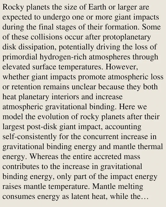 Rocky planets the size of Earth or larger are expected to undergo one or more giant impacts during the final stages of their formation. Some of these collisions occur after protoplanetary disk dissipation, potentially driving the loss of primordial hydrogen-rich atmospheres through elevated surface temperatures. However, whether giant impacts promote atmospheric loss or retention remains unclear because they both heat planetary interiors and increase atmospheric gravitational binding. Here we model the evolution of rocky planets after their largest post-disk giant impact, accounting self-consistently for the concurrent increase in gravitational binding energy and mantle thermal energy. Whereas the entire accreted mass contributes to the increase in gravitational binding energy, only part of the impact energy raises mantle temperature. Mantle melting consumes energy as latent heat, while the impactor's metallic core transfers little energy to the mantle and remains superheated at depth.