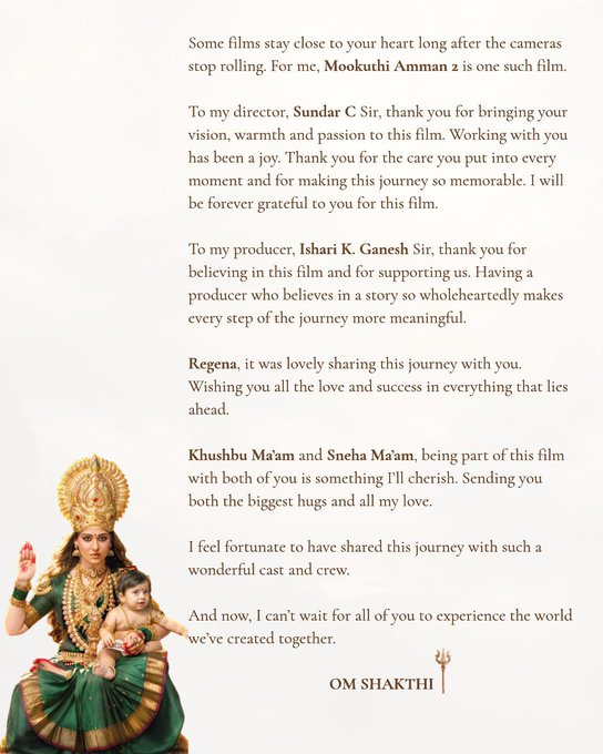 cinetrackofcl's tweet photo. Nayantaraโs Thanks Note | #MookuthiAmman2
#MookuthiAmman2 #Kollywood #Kollywoodcinima #TamilCinema #CineTrack https://t.co/7DC1pDLfJZ