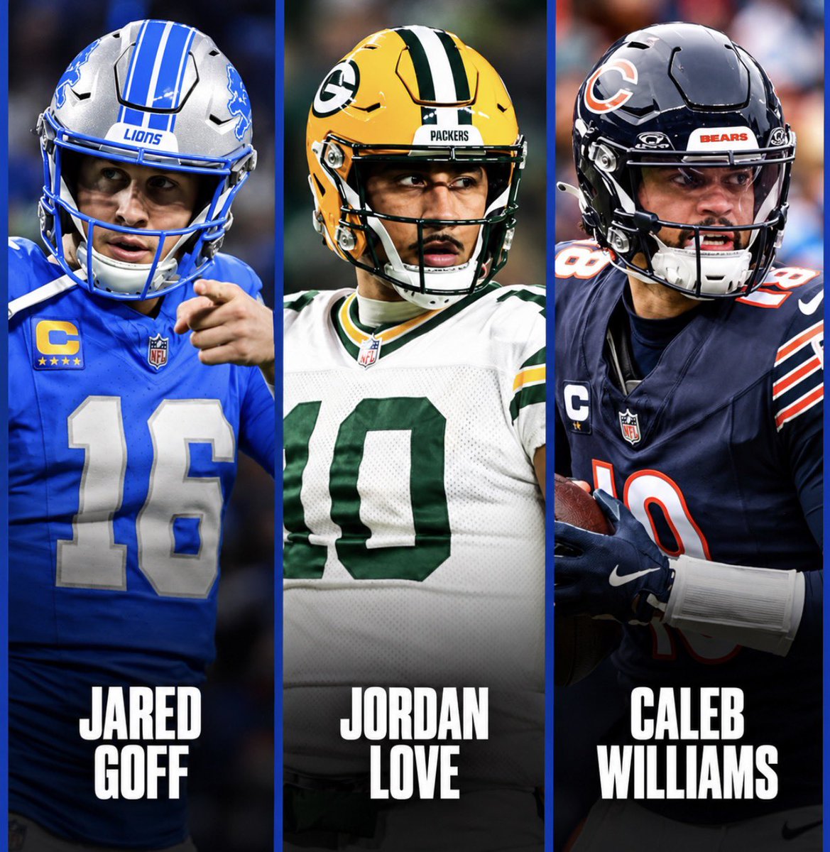 DaBearsTakeOver's tweet photo. Jared Goff blew a 27-point lead in the NFC Championship Game with a trip to the Super Bowl on the line.

Jordan Love blew a 21-3 lead in last year’s playoffs.

Caleb Williams has TWO fourth-quarter comebacks in his first TWO playoff appearances.

Most Clutch QB in the NFL. 👑 https://t.co/RK3zgiJBCH