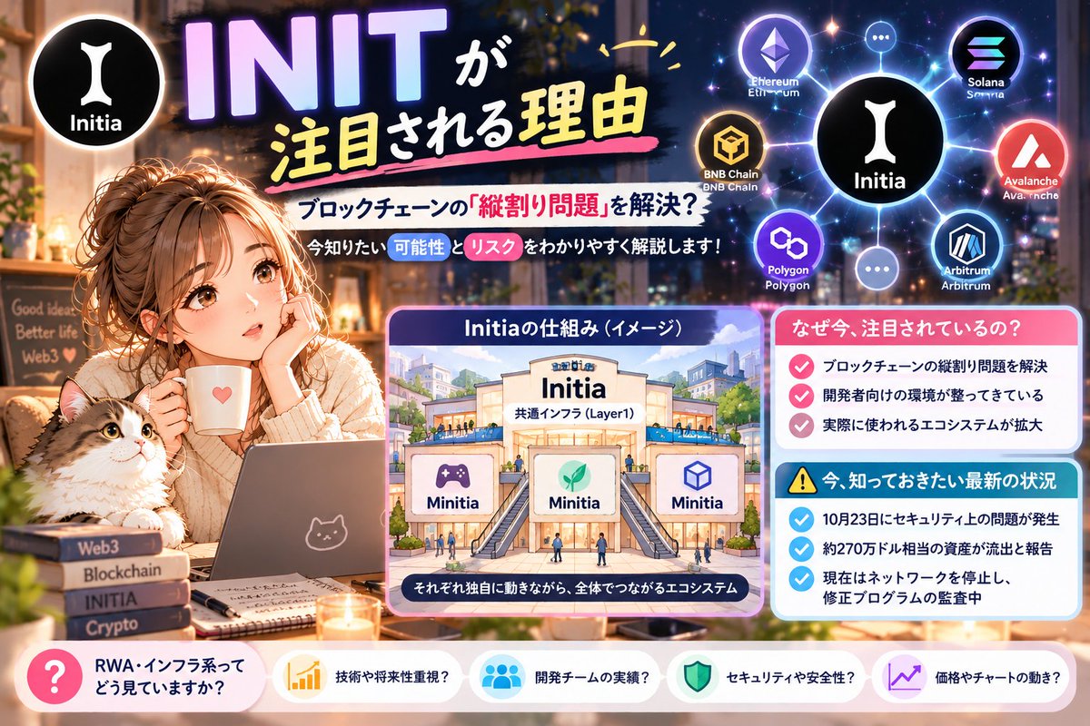 maika_ango's tweet photo. 【$INIT が注目される理由。でも、今こそ知っておきたいことがあります👀】

こんばんは、maikaです🍀

突然ですが、みなさん。

「ブロックチェーン同士って、実は簡単につながれない」

という話、聞いたことありますか？

イーサリアムにはイーサリアムの仕組み。
ソラナにはソラナの仕組み。

それぞれ便利なのに、別のチェーンへ資産を移そうとすると、ちょっと面倒だったりします。

この問題を解決しようとしているプロジェクトのひとつが、Initia（$INIT）。

最近、価格の動きでも注目されていますが、実は今、気になる出来事も起きているんです。

今日は、その仕組みと最新状況を一緒に見ていきましょう😊

━━━━━━━━━━━━
🌐 ブロックチェーンの「縦割り問題」
━━━━━━━━━━━━

例えば、スマホ。

iPhoneでもAndroidでも、LINEで普通にやり取りできますよね。

でもWeb3では、異なるブロックチェーン間で資産を移動する際に「ブリッジ」という仕組みが必要になることがあります。

これが初心者には難しいし、セキュリティ面のリスクもあります。

そこで注目されているのが「相互運用性」。

簡単に言えば、異なるブロックチェーンを連携させる技術です。

━━━━━━━━━━━━
🏗️ Initiaって何をしているの？
━━━━━━━━━━━━

Initiaの仕組みは、ショッピングモールを想像するとわかりやすいかもしれません。

モールの中には、洋服屋さん、カフェ、雑貨屋さんなど、いろんなお店があります。

それぞれ独立しているけれど、駐車場や案内設備などは共有していますよね。

Initiaも、そんな共通基盤を目指すプロジェクトです。

中心となるLayer1の上に、用途に合わせた複数のLayer2を組み合わせる設計。

それぞれのLayer2は「Minitia」と呼ばれています。

開発者はEVM、MoveVM、WasmVMなど、アプリに合った環境を選べるのも特徴です。

つまり、バラバラに作られがちなアプリ専用チェーンを、共通の仕組みで連携させようとしているんですね。

ただし、すべてのブロックチェーンを自由につなげられるという意味ではありません。

━━━━━━━━━━━━
⚠️ でも今、重要な問題が…
━━━━━━━━━━━━

ここは見逃せません。

10月23日、Initiaでセキュリティ上の問題が発生。

システムの脆弱性を悪用され、約270万ドル相当の資産が外部に移されたと報告されています。

運営側はネットワークを停止。

その後、10月27日には修正案を作成し、セキュリティ監査を進めていると発表しました。

なお、運営側によると、今回の問題でINITそのものが不正発行されたわけではありません。

でも、資産の安全性やネットワークの復旧は別の問題です。

最新の確認情報では、正式な再開日時はまだ発表されていません。

技術的に面白いプロジェクトだからこそ、こうした問題への対応も大切ですよね。

━━━━━━━━━━━━
☕ 私が気になっていること
━━━━━━━━━━━━

サロンの仕事をしながらWeb3を学んでいると、毎日のように新しい銘柄やニュースが流れてきます。

正直、全部追いかけるのは無理です😅

だから最近は、価格だけじゃなく、

「このプロジェクトは何を解決したいの？」

という視点を大切にしています。

Initiaが取り組む相互運用性は、Web3が広がるための重要なテーマのひとつ。

でも、技術の将来性とトークンの値上がりは別の話です。

今回のような問題が起きたときこそ、

✅ 原因は明らかになった？
✅ 修正と監査は完了した？
✅ 利用者の資産はどう守られる？
✅ ネットワークは安全に再開できる？

こういう部分を確認したいと思っています。

急騰のニュースを見ると、つい気になっちゃいますよね。

でも、焦って飛び乗るより、まずは知ること。

私には、そのくらいのペースが合っている気がします🌿

━━━━━━━━━━━━
💬 みなさんに質問です
━━━━━━━━━━━━

Web3のプロジェクトを見るとき、何を一番重視しますか？

🔹 技術や将来性
🔹 開発チームの実績
🔹 セキュリティや安全性
🔹 価格やチャートの動き

私は最近、技術と安全性の両方が気になります。

みなさんの考えも、ぜひ聞かせてください😊

#Web3

※情報提供を目的とした投稿であり、投資を推奨するものではありません。暗号資産には元本割れや全額損失のリスクがあります。