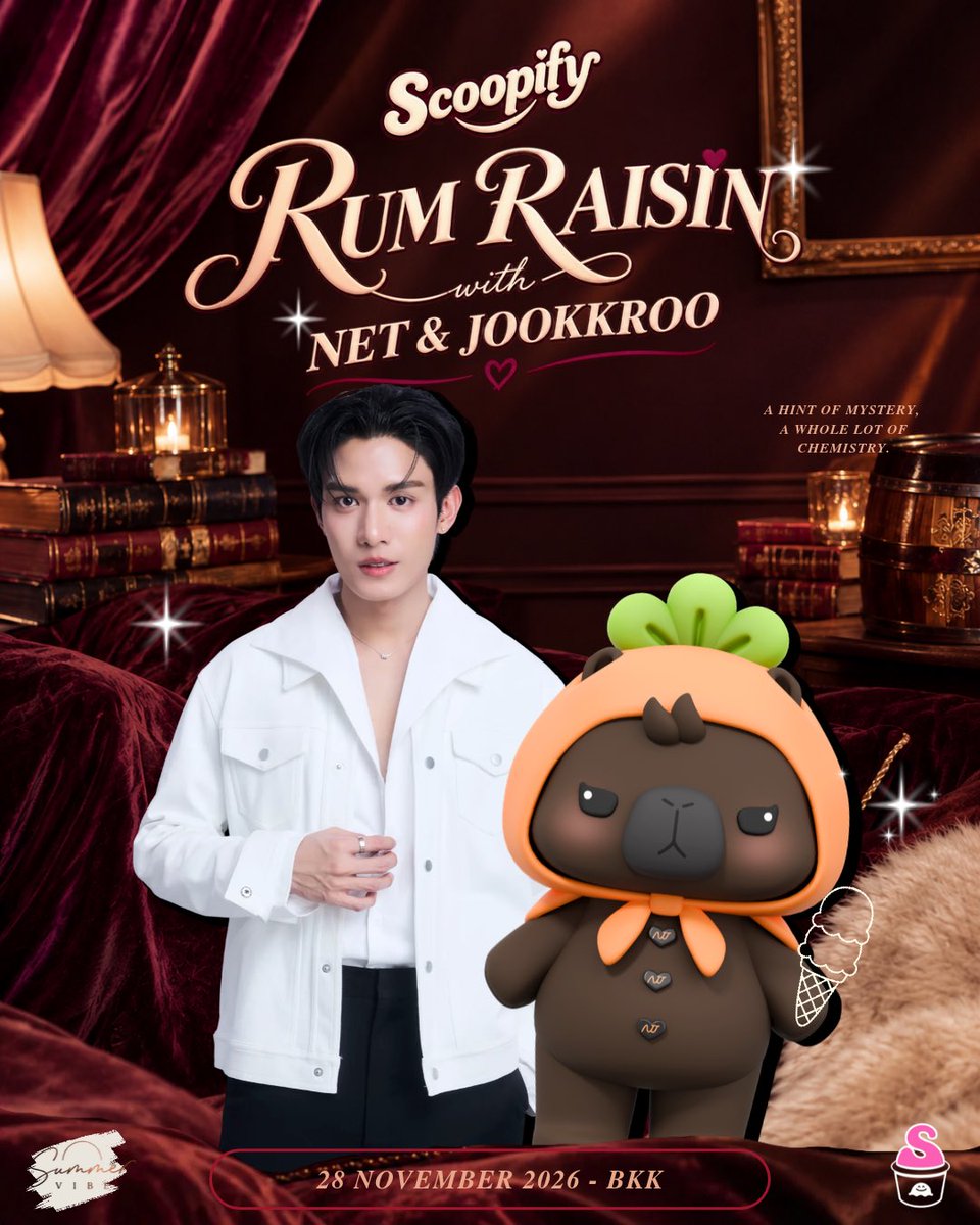 SummerVibeTH's tweet photo. 𝑆𝐶𝑂𝑂𝑃𝐼𝐹𝑌 𝑅𝑈𝑀 𝑅𝐴𝐼𝑆𝐼𝑁 𝑊𝐼𝑇𝐻 𝑁𝐸𝑇 & 𝐽𝑂𝑂𝐾𝐾𝑅𝑂𝑂🍇🍷

Some flavors are unforgettable.
Some moments are irresistible.
And some people make everything a little more special. ❤️‍🔥
เตรียมพบกับโมเมนต์สุดพิเศษที่ผสมผสานความละมุน ความน่าค้นหา และเสน่ห์ที่ยากจะต้านทานไปกับ 𝑁𝐸𝑇 & 𝐽𝑂𝑂𝐾𝐾𝑅𝑂𝑂 ✨ 
@netsiraphop @JookKroo_DMD 

🗓️ 𝐸𝑉𝐸𝑁𝑇 𝐷𝐴𝑇𝐸 : 28 NOVEMBER 2026

🎟️ TICKETS SALE : 30 OCTOBER 2026 - 12 PM
- SET VIP : 30 PAX
- VDC : 10 PAX

🌟SPECIAL HIGHLIGHTS 
🤍 Workshop With NET & JOOKKROO
💬 Private Talk 2 mins
📸 2:1 Digital Photo
🤳 2:1 Selfie
💗 Artist Polaroid with signed 
🤚🏻 Hi - Bye

A little sweet, a little bold, and a whole lot of unforgettable moments
ความละมุนมาพบกับเสน่ห์ที่น่าค้นหา จึงเกิดเป็นช่วงเวลาสุดพิเศษที่คุณไม่อยากพลาด!
.
.

📩 สอบถามเพิ่มเติม
Line Official : @summervibeth (https://t.co/XogxYHDcOY)
Email : admin.summervibe@gmail.com

#ScoopifyWithNetandJookKroo
#SummerVibeTH #SCOOPIFY  
#netsiraphop #JookKroo
