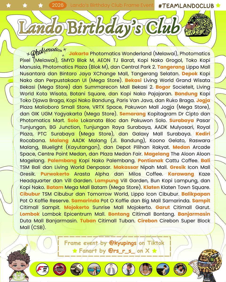 Luljongin88's tweet photo. 𝗟𝗔𝗡𝗗𝗢’𝗦 𝗕𝗜𝗥𝗧𝗛𝗗𝗔𝗬 𝗖𝗟𝗨𝗕 🎂

Birthday Photobooth Event to celebrate Lando’s Turning 27 by @.kyupings on TikTok 

𝒔𝒂𝒗𝒆 𝒕𝒉𝒆 𝒅𝒂𝒕𝒆; at @photomaticsid, @.ourstudio, @snapmanner.id

fanart by @rs_r_s_ 🫶🏻

pose with the birthday boy and using #TEAMLANDOCLUB 💚 https://t.co/5imrp8Zhsz