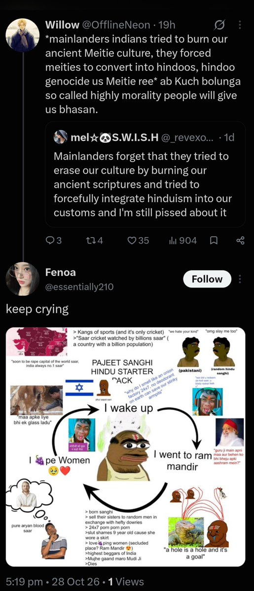 OfflineNeon's tweet photo. Hmm funny enough most NE throwing xenophoic slurs or how they gonna r@pe bengali wahmen thinking it will get under my skin(like bro I don't care about ethnic sntmnt &amp; also keep your rapeyness away) i don't seems to recall saying slurs to them now they throwing at me for no reason https://t.co/sz1BPsD9eP