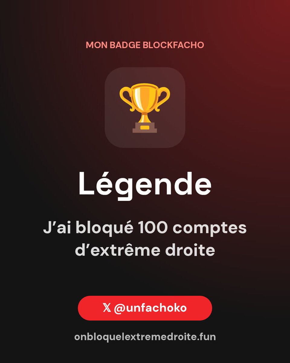 gh_thry_58y's tweet photo. J’ai bloqué 100 comptes d’extrême droite avec @unfachoko #onbloquelextremedroite https://t.co/2vnP31vZXB https://t.co/7Thl7sLlkw