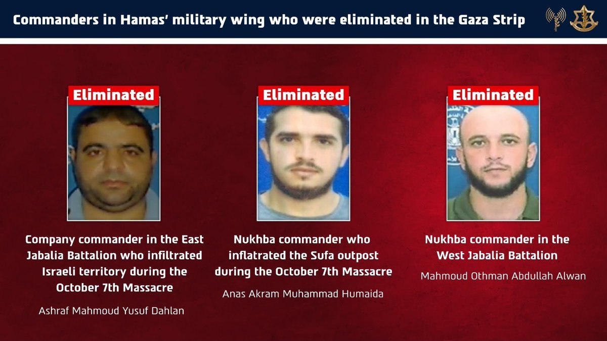 IDF's tweet photo. 🔴 ELIMINATED: 3 Hamas commanders in Gaza, including a Nukhba commander who inflitrated the Sufa outpost & a company commander who infiltrated Israel during the October 7 Massacre.

Recently, the terrorists advanced attacks against Israeli civilians & IDF troops and operated to restore Hamas’ terrorist capabilities, in systematic violation of the ceasefire. 

The terrorists were eliminated in order to remove the immediate threat they posed.