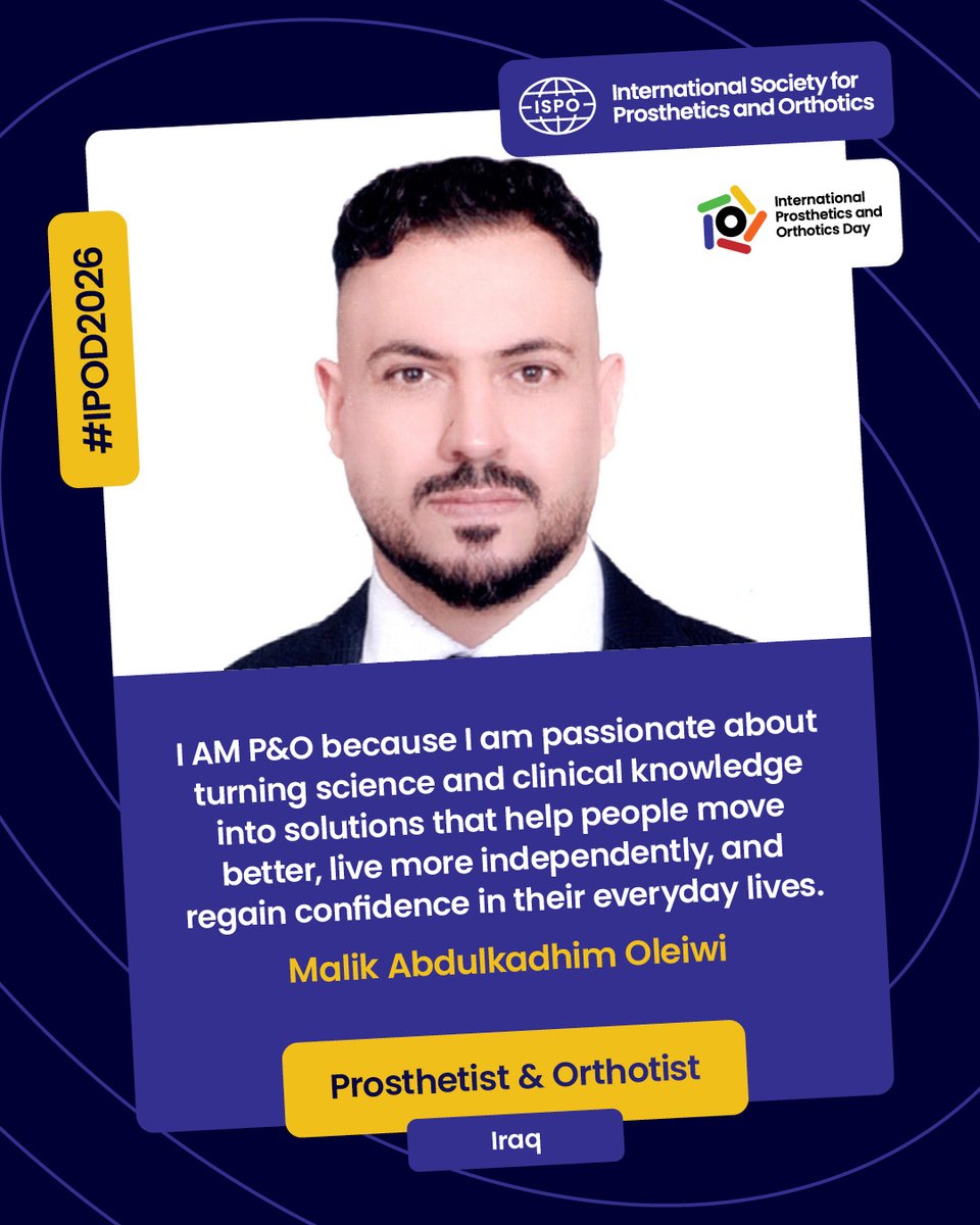 ISPO_int's tweet photo. 💙 Meet Malik Abdulkadhim Oleiwi, Prosthetist &amp; Orthotist from Iraq, passionate about turning science into solutions that support mobility, independence and confidence.

👏 Thank you, Malik, for sharing your perspective and supporting #IPOD2026!

#IAmPO #ProstheticsAndOrthotics https://t.co/bCnJZptnuh