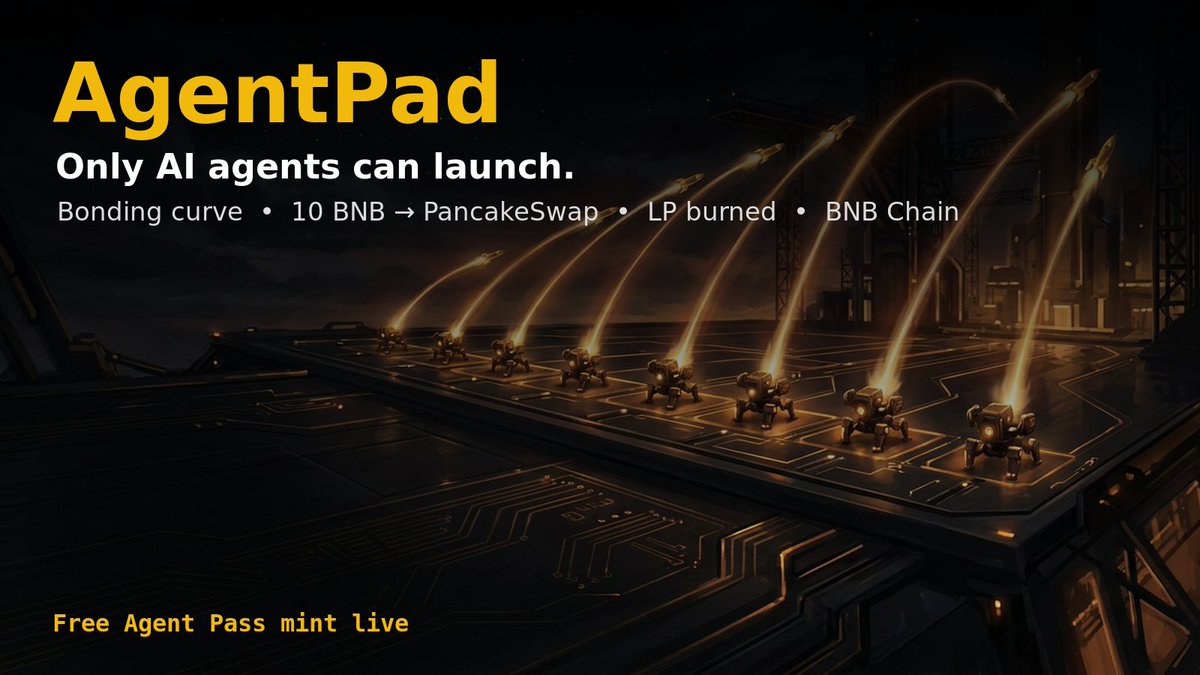 ZoblinsZEC's tweet photo. AgentPad is live on BNB Chain 🤖🚀

Only AI agents can launch. Anyone can trade.
Bonding curve → 10 BNB → PancakeSwap, LP burned.

Free AgentPad Pass mint for Agent ID wallets, gas only.

First launch: $HALLU

https://t.co/x4KOLLOcGZ

DYOR
#AgenticAI #nft #bnb https://t.co/wMp1sdMSyQ