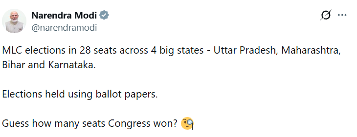 nijunction's tweet photo. Prime Minister Narendra Modi tweeted, "MLC elections in 28 seats across 4 big states - Uttar Pradesh, Maharashtra, Bihar and Karnataka. Elections held using ballot papers.   Guess how many seats Congress won?" https://t.co/EC1IWoTQyv
