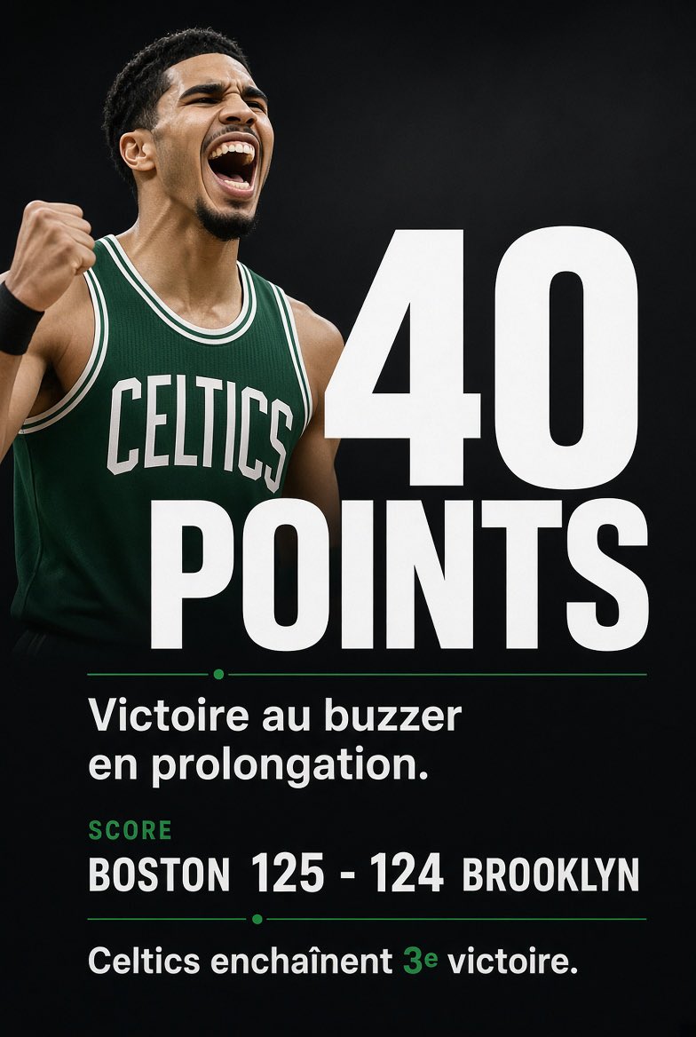 MatchUPBasket's tweet photo. 🏀 Que retenir de la nuit NBA ? 👇🏻

🎯 40 PTS POUR TATUM !
Il offre la victoire à Boston au buzzer de la prolongation face à Brooklyn (125-124). Les Celtics enchaînent une 3e victoire.

🇫🇷 WEMBY EN MODE DOMINANT
29 points, 10 rebonds et 5 contres en seulement 27 minutes. San Antonio écrase Sacramento (130-103).

🔥 DONCIC ENCHAÎNE À 40+
41 points et 9 passes face à Portland. Mais les Lakers s’inclinent (129-136) et perdent leur invincibilité.

🔄 NEW YORK ÉVITE LE 0-4
Les Knicks battent Detroit (111-97) après avoir limité les Pistons à 25 points sur les 2e et 3e quart-temps.

Quel fait vous a le plus marqué ? 👇

📊 Toutes les stats des joueurs sont sur https://t.co/OCNyLKYhHJ