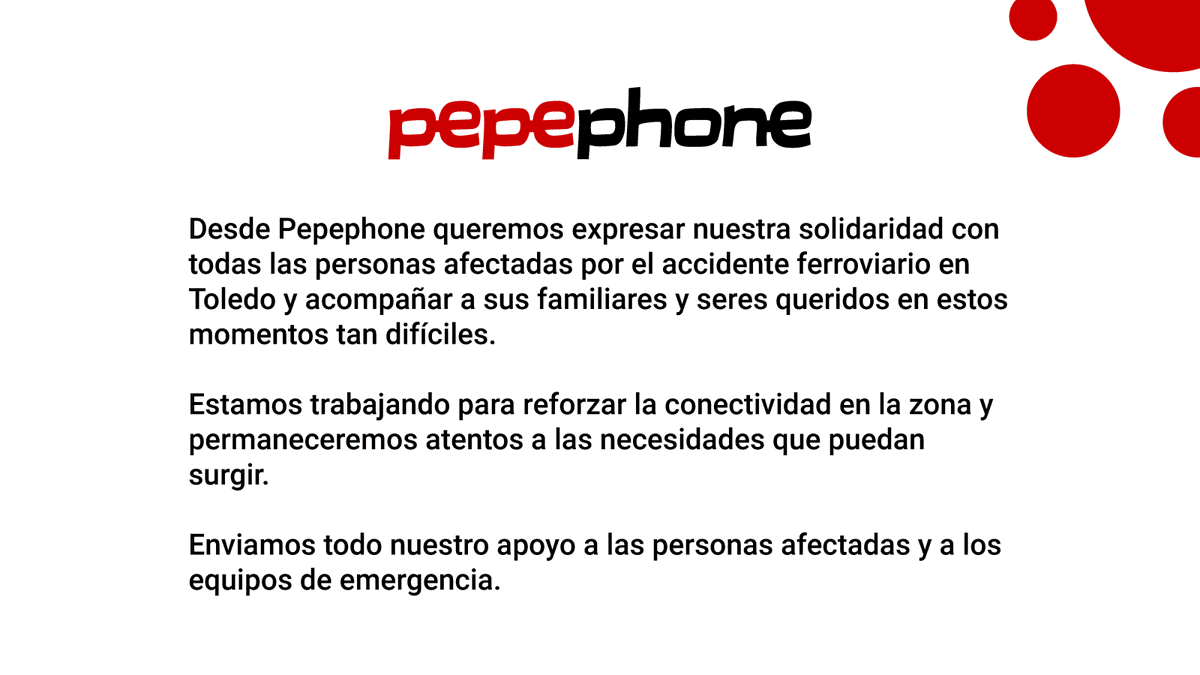 pepephone's tweet photo. Desde @pepephone mandamos todo nuestro apoyo a las personas afectadas por el accidente ferroviario de Toledo, a sus familias y seres queridos, así como a los equipos de emergencia. https://t.co/OkWbaSqPjr