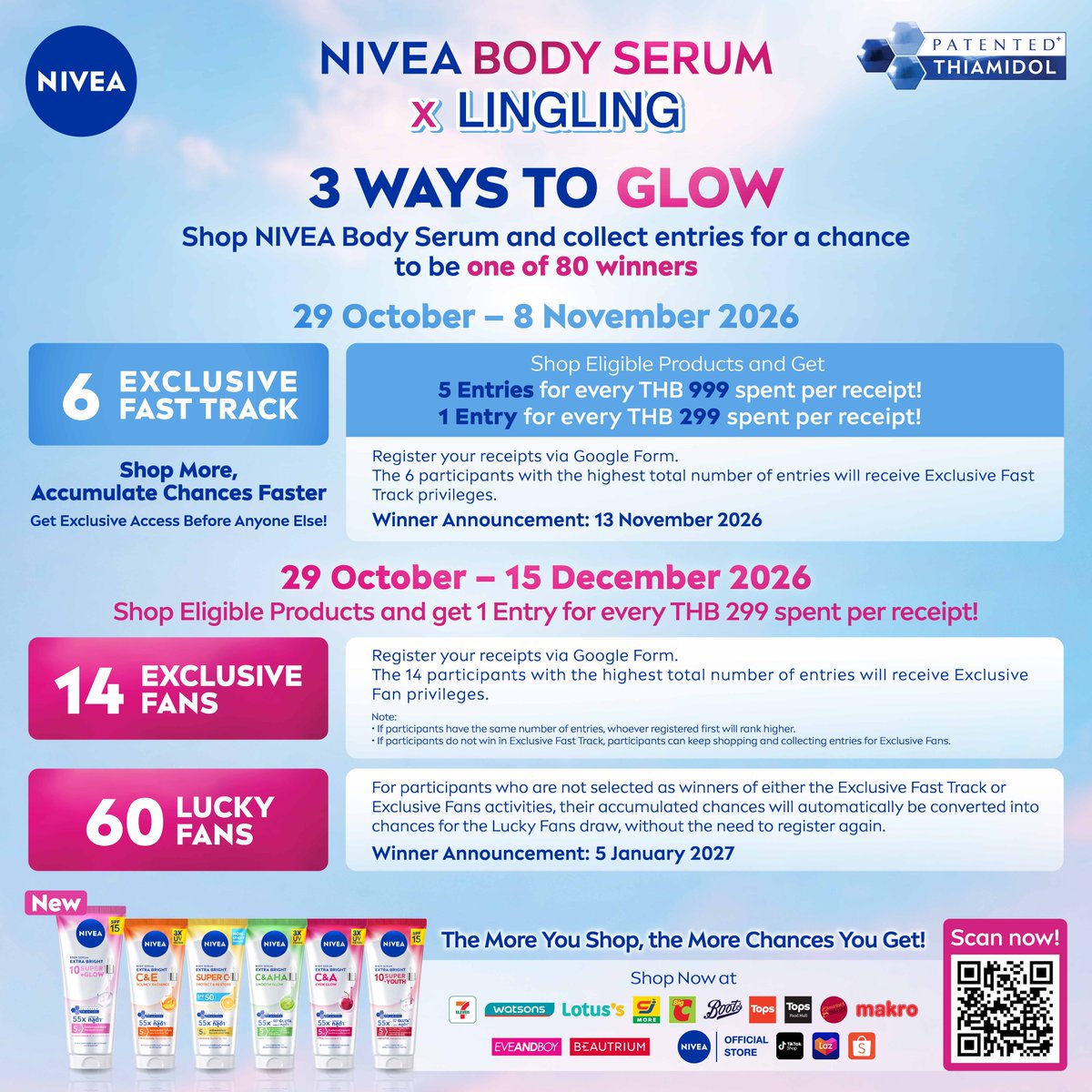 NIVEA_Thailand's tweet photo. HAPPY NEW YEAR 🧧 HAPPY NIVEA CLEAR SPOT ✨
This Chinese New Year 2027, get ready for exclusive moments and special activities that bring you closer to “LINGLING KWONG” !
Celebrate a HAPPY & LUCKY New Year together 🪭

Calling all Angel Golden! Shop more, GLOW more with NIVEA 🦮🪽
Purchase participating NIVEA Body Serum products and register your receipts to collect entries for a chance to be one of 80 winners 🧧

💙 6 EXCLUSIVE FAST TRACK
📅 29 October 2026 at 06:00 AM – 8 November 2026 at 10:00 PM
• Every THB 999 spent on participating products per receipt = 5 entries.
• For purchases below THB 999 or any remaining balance, every THB 299 = 1 entry.
The top 6 participants with the highest total number of entries will receive Exclusive Fast Track privileges.

🩷 14 EXCLUSIVE FANS
📅 29 October 2026 at 06:00 AM – 15 December 2026 at 10:00 PM
Collect entries by purchasing participating products:
• 29 October – 8 November 2026: Every THB 999 spent per receipt = 5 entries. For purchases below THB 999 or any remaining balance, every THB 299 = 1 entry.
• 9 November – 15 December 2026: Every THB 299 spent per receipt = 1 entry.
The top 14 participants with the highest total number of entries, excluding Exclusive Fast Track winners, will receive Exclusive Fans privileges.

🍀 60 LUCKY FANS
📅 29 October 2026 at 06:00 AM – 15 December 2026 at 10:00 PM
Participants who are not selected as Exclusive Fast Track or Exclusive Fans winners still have a chance to be among the 60 Lucky Fans! Entries collected during both periods will automatically be included in the lucky draw. No additional registration is required.

Don’t forget to register your receipts via Google Form to collect entries for a chance to meet “LINGLING KWONG” on 22 January 2027 🥰

📲 Register via Google Form:
https://t.co/YVXNqQ5Nw4

📣 Winners will be announced on Facebook: NIVEA Thailand and X: NIVEA_Thailand
🗓️ 6 Exclusive Fast Track: 13 November 2026
🗓️ 14 Exclusive Fans and 60 Lucky Fans: 5 January 2027

📌 Winner Confirmation Periods
• Exclusive Fast Track: 14–15 November 2026
• Exclusive Fans and Lucky Fans: 6–11 January 2027

Winners may confirm their participation via the LINE Official Account: NIVEA Thailand (@nivea_th) or wait for the team to call their registered phone number. Winners residing overseas will be contacted by email.
The team will make up to 5 contact attempts per person between 08:00 and 20:00 during the applicable confirmation period. Winners who have already confirmed via the NIVEA LINE Official Account will not receive further confirmation calls or emails.

Winners who cannot be reached within the specified number of attempts and confirmation period will forfeit their right to participate. Their place will be offered to the next reserve winner in order.

Permit No. 152/2569

📌 For full details, registration instructions, privileges, and campaign terms and conditions, please visit:
https://t.co/YTklaxKAif

#NIVEAThiamidolBodySerum #NIVEAxLINGLING