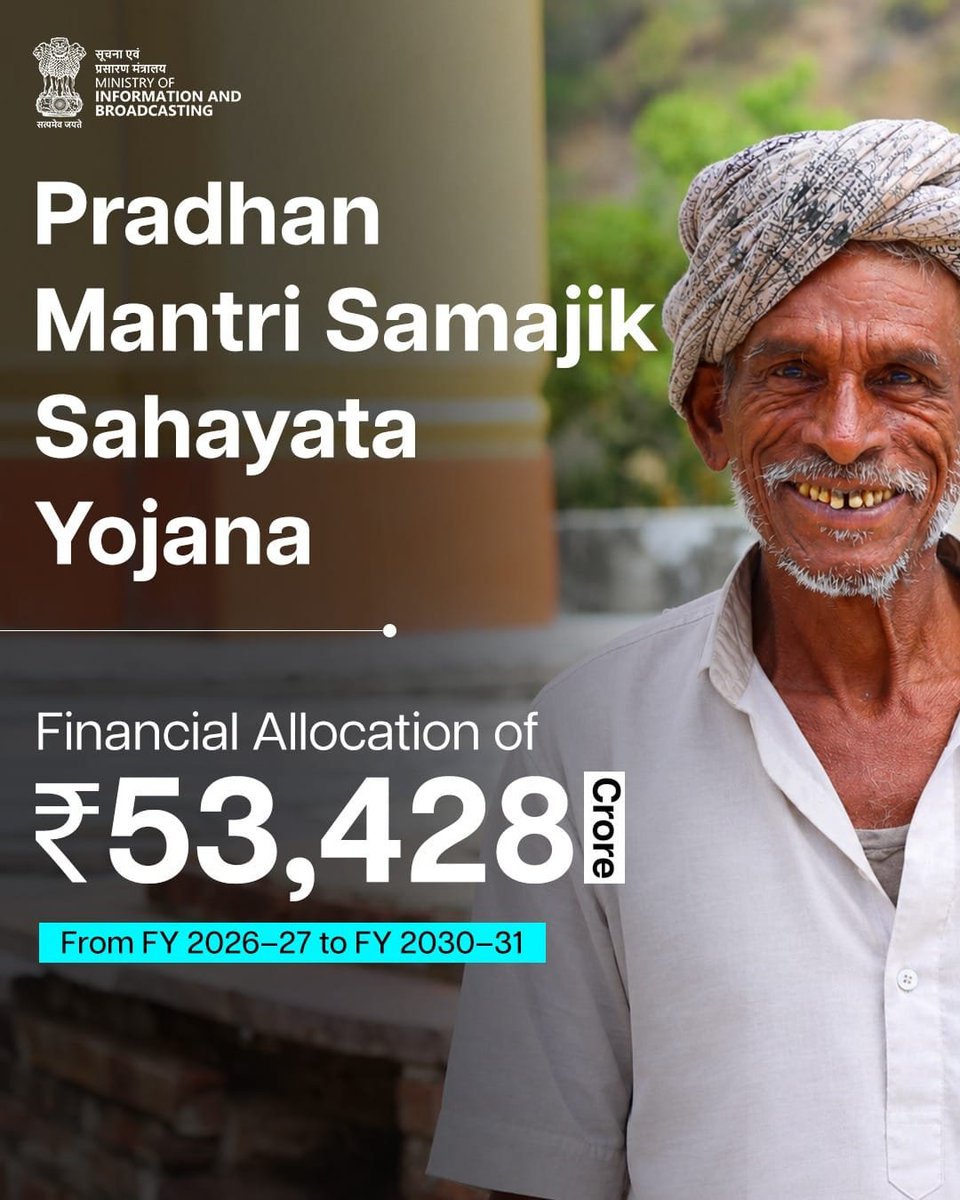CBC_Hisar's tweet photo. #PradhanMantriSamajikSahayataYojana will continue with a financial allocation of ₹53,428 crore from FY 2026–27 to FY 2030–31, reinforcing the commitment to inclusive welfare and social protection.
#SocialSecurity #InclusiveDevelopment #PMSSY
@MIB_India https://t.co/k8Ayb9gg0x