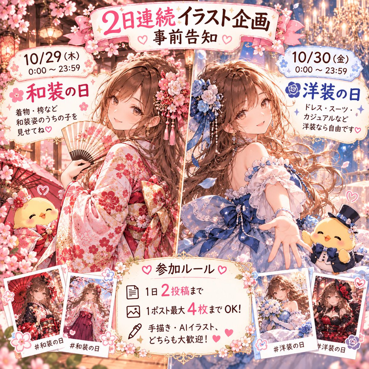 AIXyu1v's tweet photo. 【事前告知】
📢💕 2日連続イラスト企画🥰✨

今回は 和装＆洋装 の2日間です〜！🌸

👘 10/29(木) 0:00〜23:59
#和装の日
着物・袴など、和装姿のうちの子を見せてね💕

👗 10/30(金) 0:00〜23:59
#洋装の日
ドレス・スーツ・カジュアルなど、洋装なら自由です✨

🌷 参加ルール
・1日2投稿まで
・1ポスト最大4枚までOK！
・手描き・AIイラスト、どちらも大歓迎🎨

和の魅力も、洋の魅力も楽しめる2日間🥰💖
皆さんの素敵なうちの子に会えるのを楽しみにしています〜🫶✨
#イラスト企画 #AIイラスト