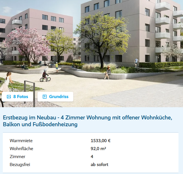 Greenwud2's tweet photo. Wohnungssuche in Berlin. Nichtmal Innenstadt, sondern ganz weit am Stadtrand.

4 Zimmer, 92qm, Neubau, 1533€ Warm. Ältere Wohnungen werden kaum noch vermietet, da die Menschen nicht aus ihren 700€ Warm Buden ziehen möchten. Vollkommen verständlich.

Durchschnittlich verdient man zu 2. etwa 5000€ Netto. Also geht etwa ein drittel nur fürs wohnen drauf. Bevor einer was gegessen, getankt oder dem Kind neue Schuhe gekauft hat.

Und das funktioniert nur solange beide Vollzeit arbeiten. Will die Frau mehr Zeit für die Kinder haben oder einer wird krank, dann ist man ganz schnell bei etwa 50-60%. Und dann kommen noch die ganzen anderen Fixkosten dazu.

und dann sitzt so ein typ mit anzug und krawatte in einer Talkshow und 10.000€/Monat und sagt, dass es doch garnicht so schlimm ist. 

Wie siehts in anderen Bundesländern aus? Berlin ist durch