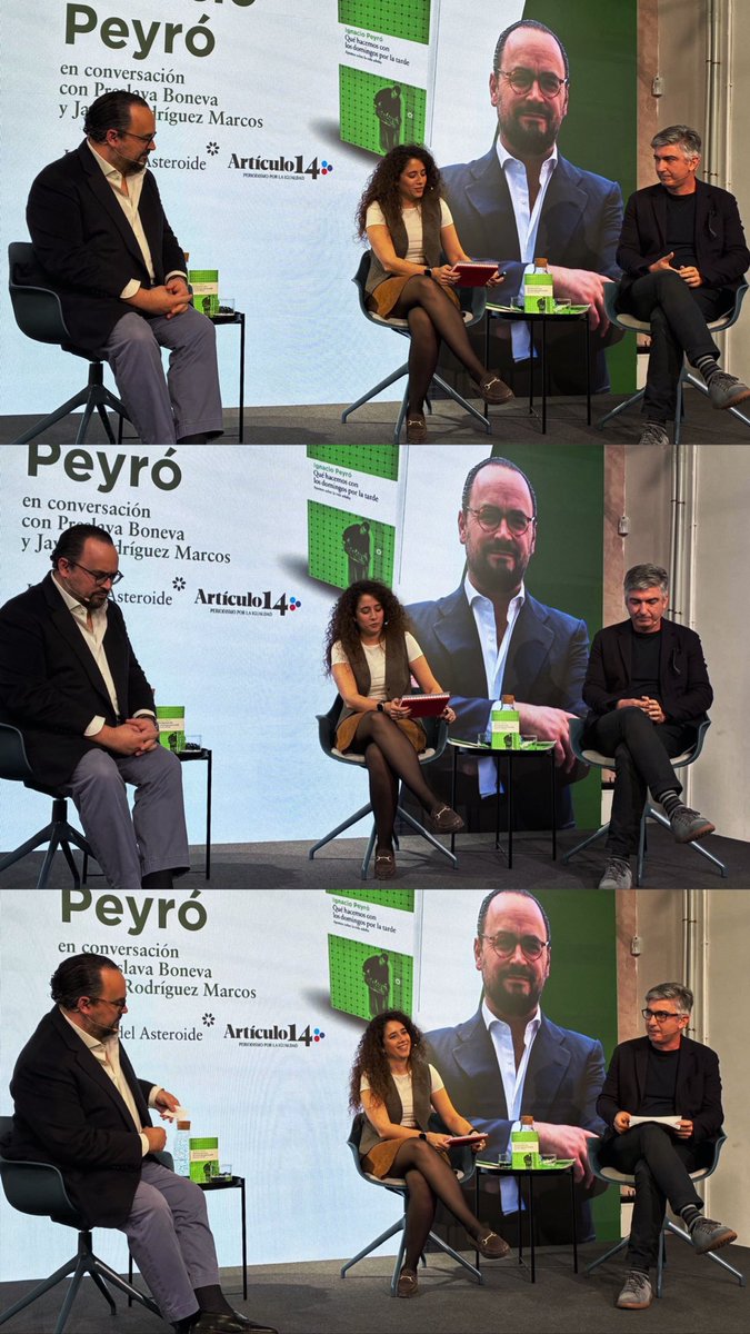 BonevaPreslava's tweet photo. Una alegría de presentación hoy en la sede de @articulo14_es con motivo de la publicación del nuevo libro de @ignaciopeyro “Qué hacemos con los domingos por la tarde”. @LibrosAsteroide 

Magnífico compañero de mesa @JRodrguezMarcos . https://t.co/X1neB4pkb1