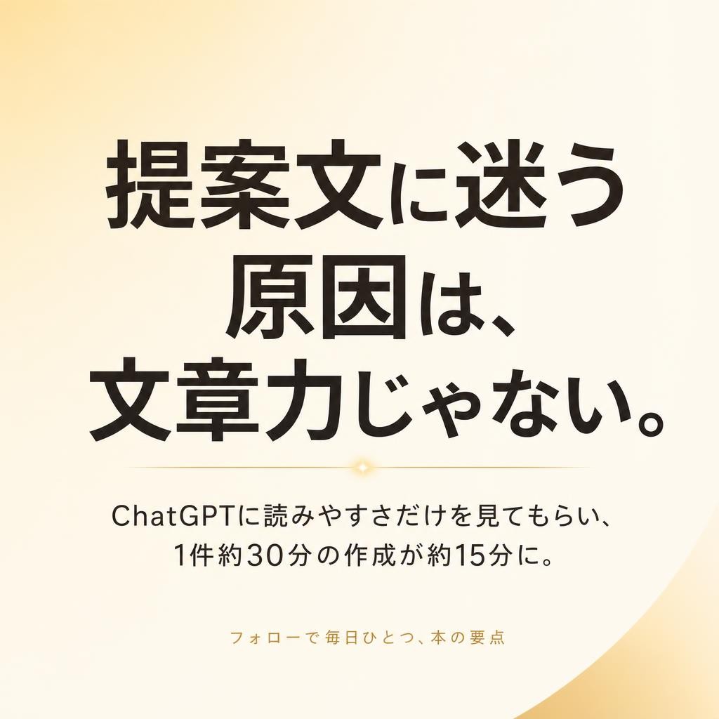1229miyata's tweet photo. 提案文に迷う原因は、文章力じゃない。ChatGPTに読みやすさだけを見てもらい、1件約30分の作成が約15分に。個人情報を伏せる3手順と指示文、送信前チェック5項目まで。正直に言うと、わたしも送信前に悩みがちなんだよね。試した手順と結果、今日できる1つ…

▼記事はこちら
https://t.co/uuiBoZ5uJH https://t.co/ZGV9ZUfat6