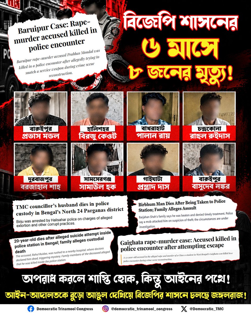 DemocraticTMC's tweet photo. Eight deaths. Serious questions over law and order under BJP rule in Bengal. Is this governance or Jungle Raj? Who will be held accountable?

#WestBengal #JungleRaj #Accountability https://t.co/30af3obkpE